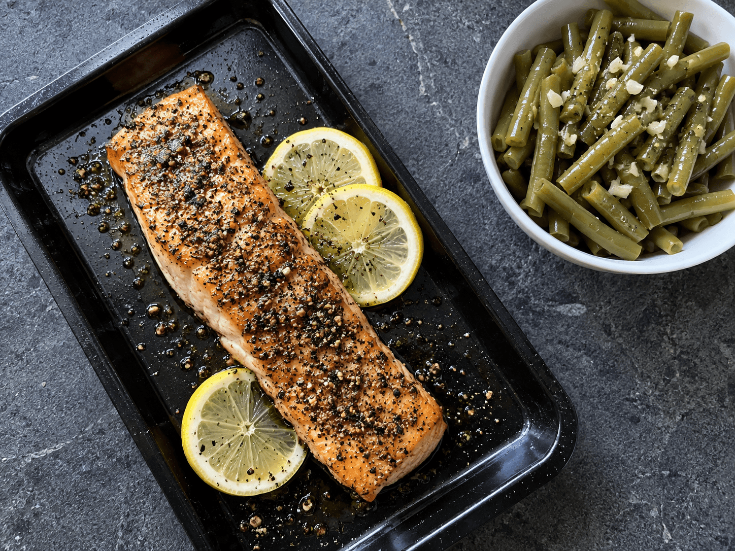 Peppery Lemon Olive-Oil Salmon with Garlic Green Beans